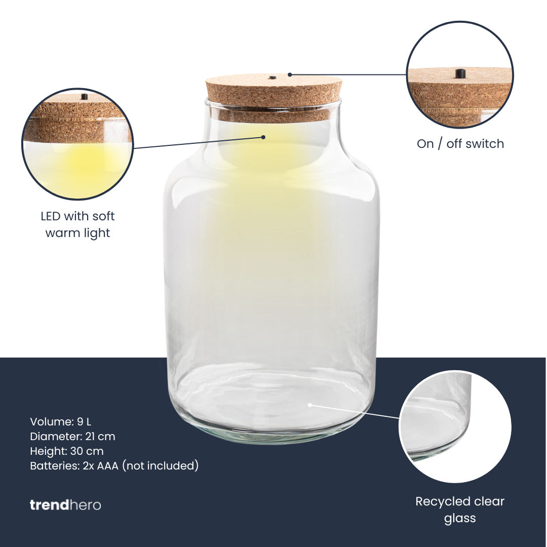Terrarium fles met verlichting - Milky - Ø 21 cm ↑ 30 cm - G.u.G. Gartenwelt